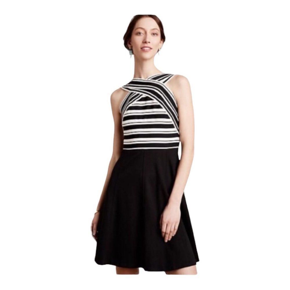 Anthropologie Maeve Black White Crosswise Fit Flare Bandage Dress US 0